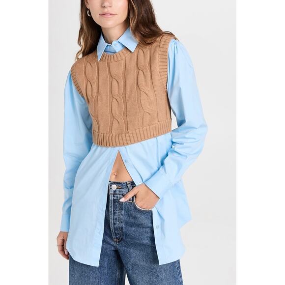 STAUD Coop Knit Vest and Poplin Long Sleeve Combo Shirt Womens